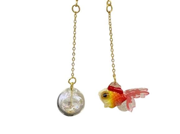 Clip On Goldfish Earrings Asymmetrical Collection Fish Bubble Clipon Hook Designs