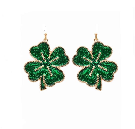 Clipon St Patricks Day Green Shamrock Earrings Clover Glitter Clip on Hook Designs