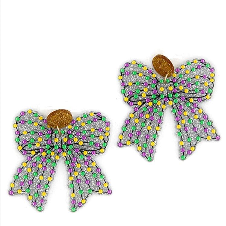 Clip On Glitter Mardi Gras Bow Earrings Acrylic Clipon Hook Designs