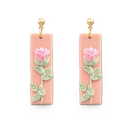 Clipon Clay 3D Pink Rose Earrings Clip On Hook Designs Flower Valentine