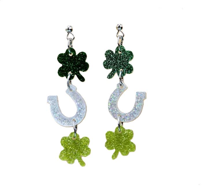 St Patricks Day Earrings Green Shamrock Horseshoe Glitter Clipon Hook Designs
