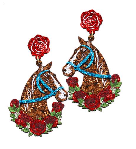Clip On Kentucky Derby Earrings Glitter Clipon Post Designs Rose Horseshoe