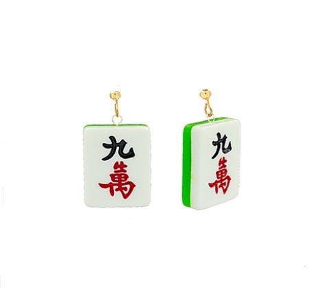 Clip On Mahjong Tile Earrings Acrylic Clipon Hook Designs 5 Print Styles
