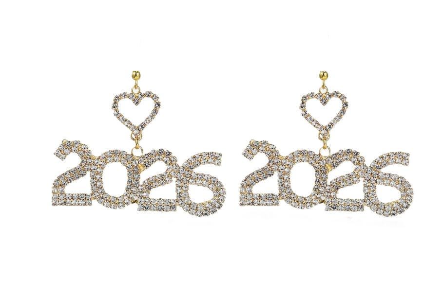 Clip On 2026 Earrings Graduation New Year Gold Pave Crystal Clipon Hook Designs
