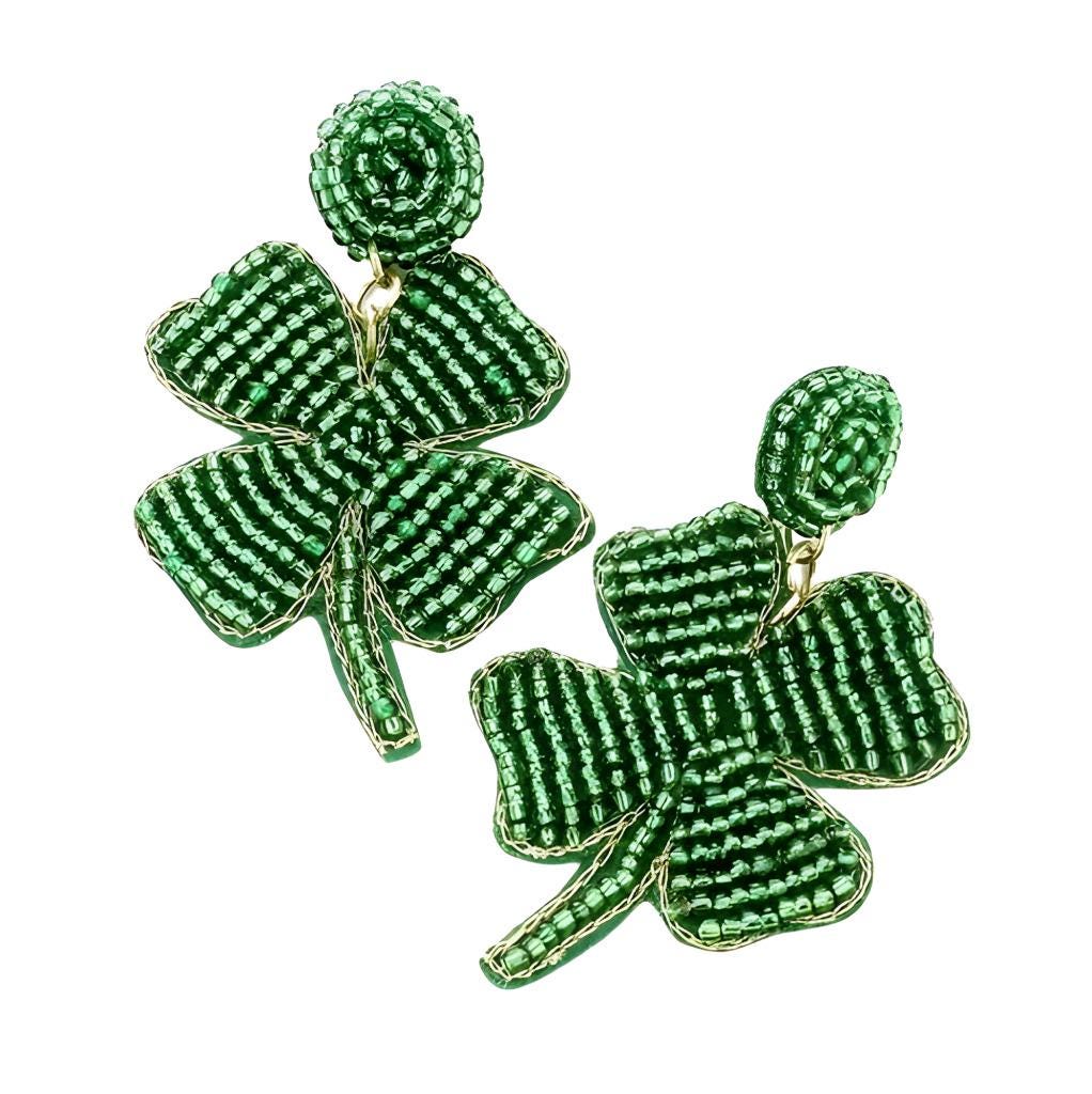St Patricks Day Green Shamrock Clover Seedbead Clipon Earrings Seed Beaded Design