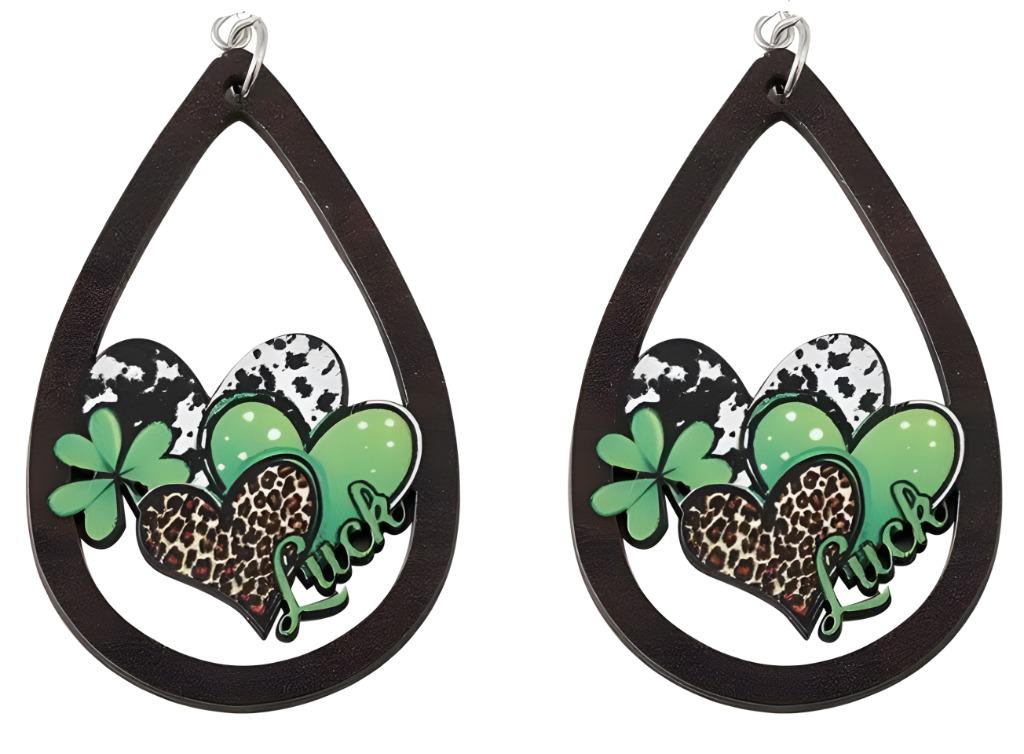 St Patricks Luck Shamrock Clover Clipon Earrings Clip on Hook Designs Wood Double Sided