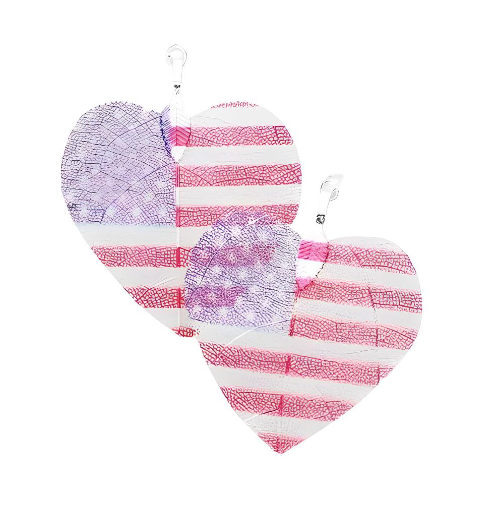 Clip On Heart US Flag Real Leaf Earrings Metal Dipped Rainbow Shimmer Silver Sterling