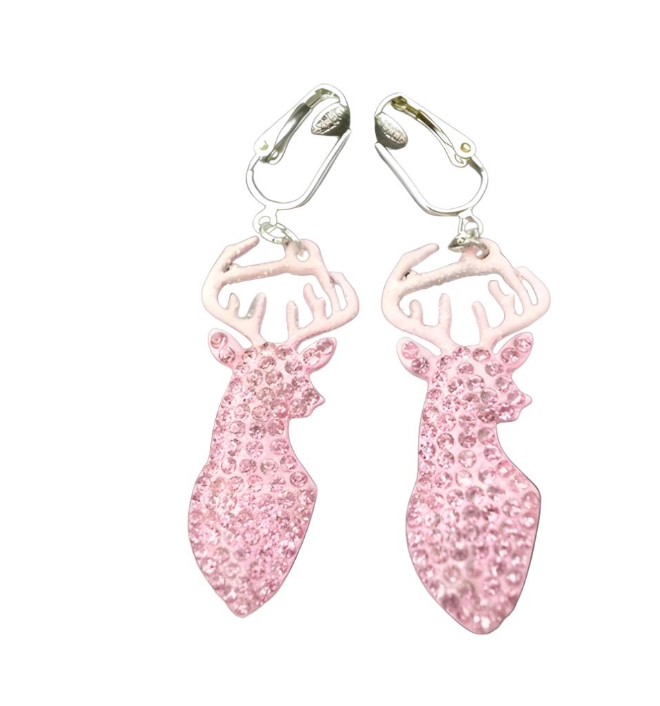 Clip On Deer Pink Earrings Crystal Embellished Antler Animal Silver Design