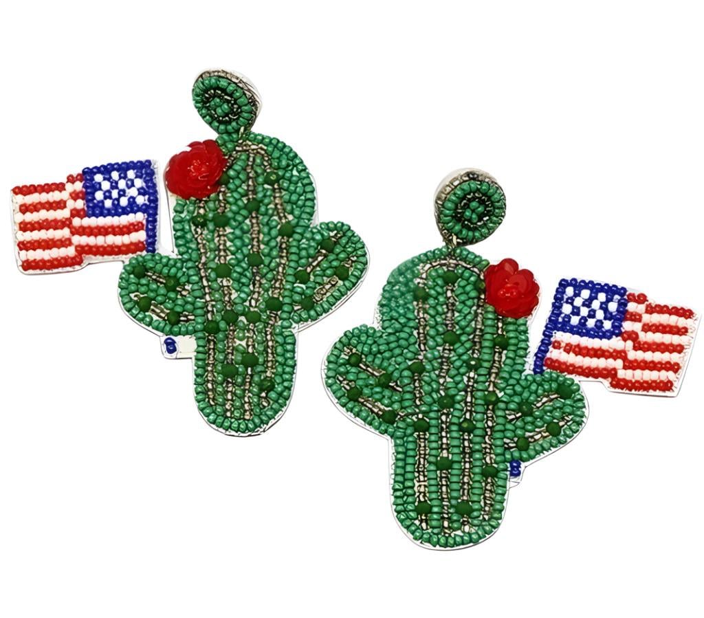Clip On Patriotic Cactus Seedbead Earrings Seed Bead US Flag Clipon Post Designs