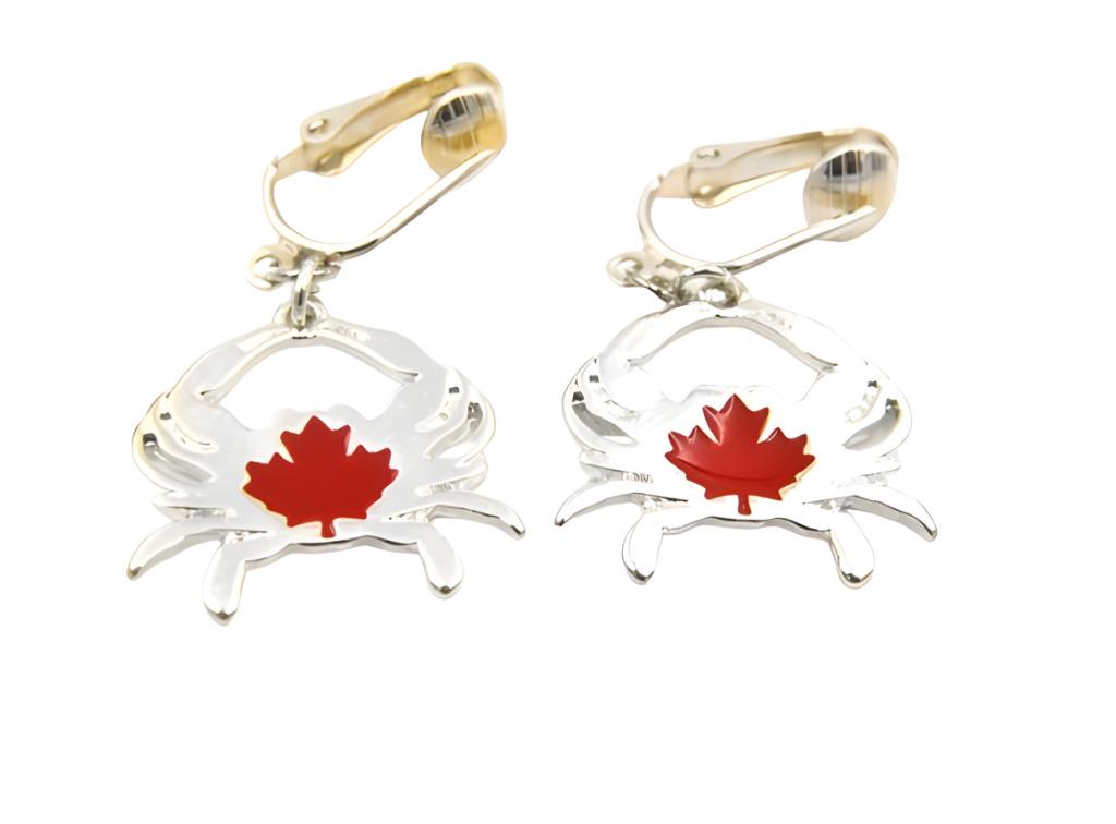 Clip On Silver Crab Earrings Lightweight Design Crystal Embellished Canada Maple Leaf Sealife Small