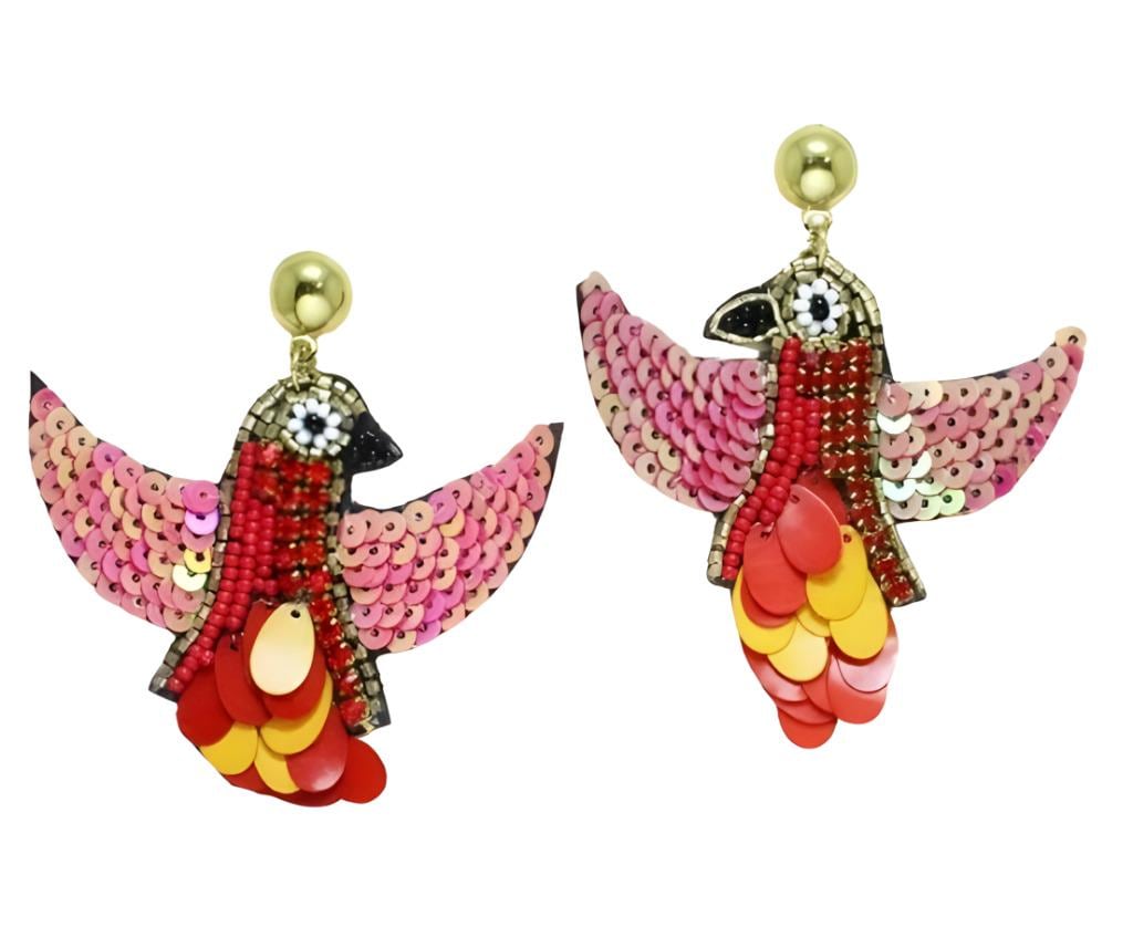 Clip On Red Parrot Seedbead Seed Beaded Earrings Clipon  Bird Design