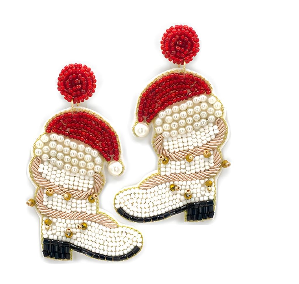 Seed Bead Christmas Earrings: Santa Boot Clip-on Earrings
