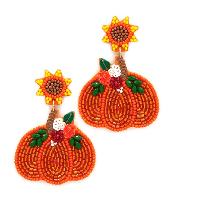 Clip On Flower Pumpkin Seedbead Earrings Seed Beaded Sequin Clipon Post Designs Fall Sunflower