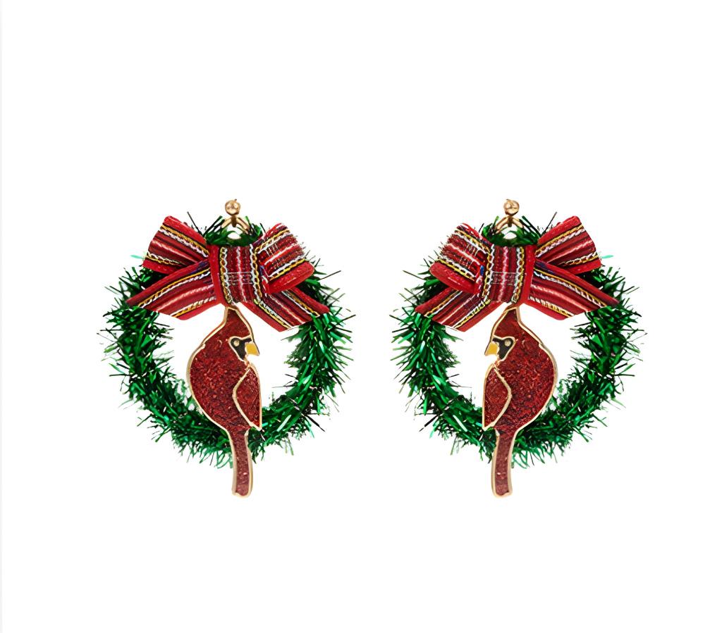 Clipon Cardinal Christmas Earrings Winter Bird Wreath Clip on Hook Designs