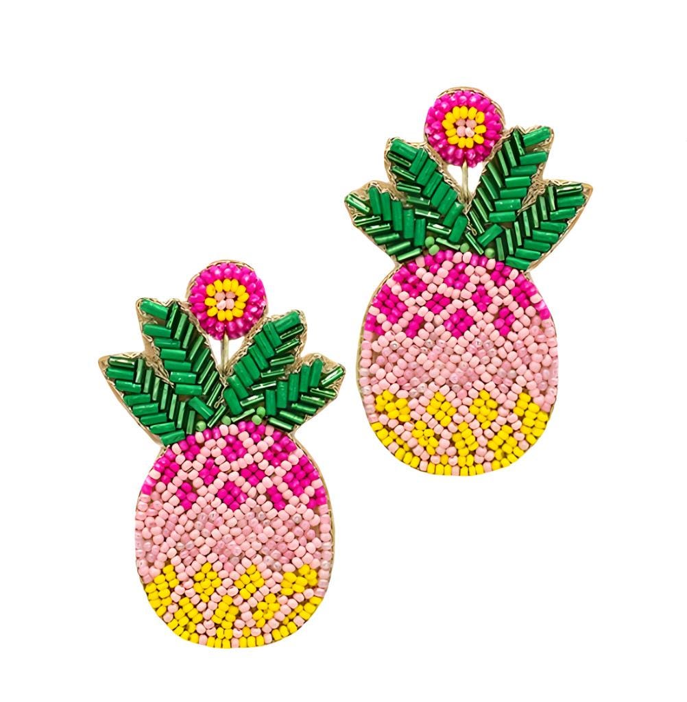 Pineapple Seed Beaded Earrings Clip On Post Lightweight  Designs Pink Ombre