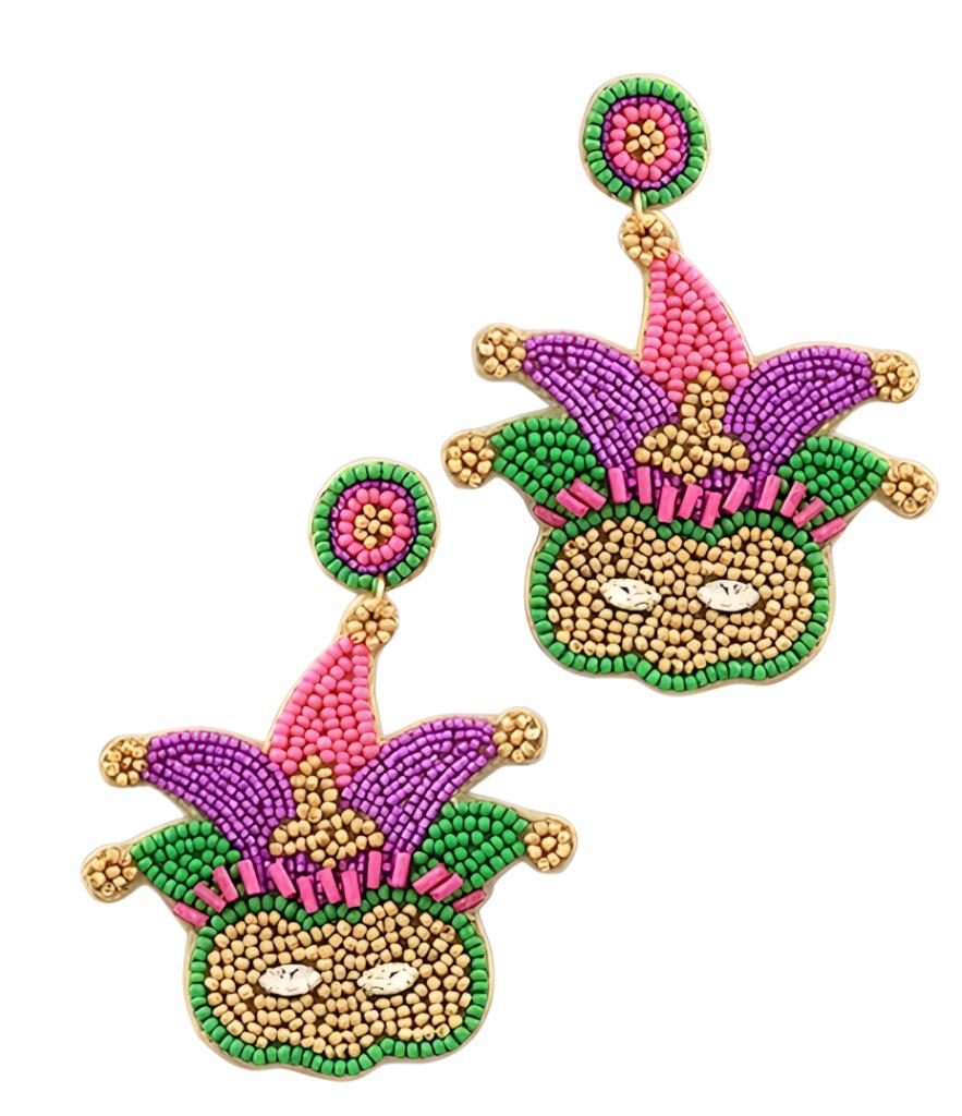 Clip On Seedbead Earrings Mardi Gras Mask Pink Seed Bead Clipon Post Designs