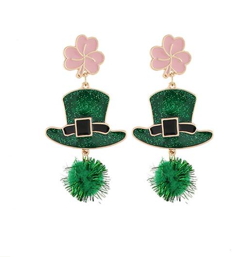 St Patricks Day Clip On Earrings Leprechaun Hat Green Pom Clipon Post Designs