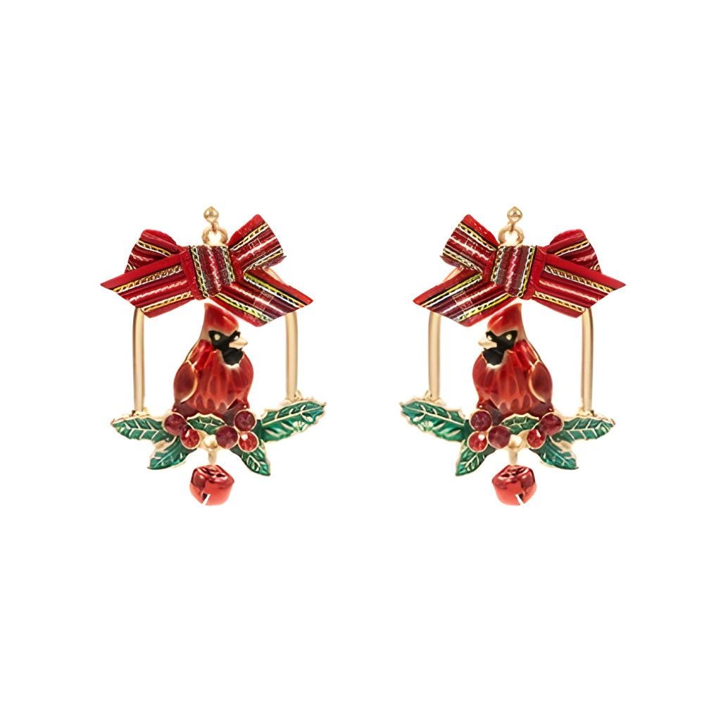 Clipon Cardinal Christmas Earrings Winter Bird Bow Clip on Hook Designs