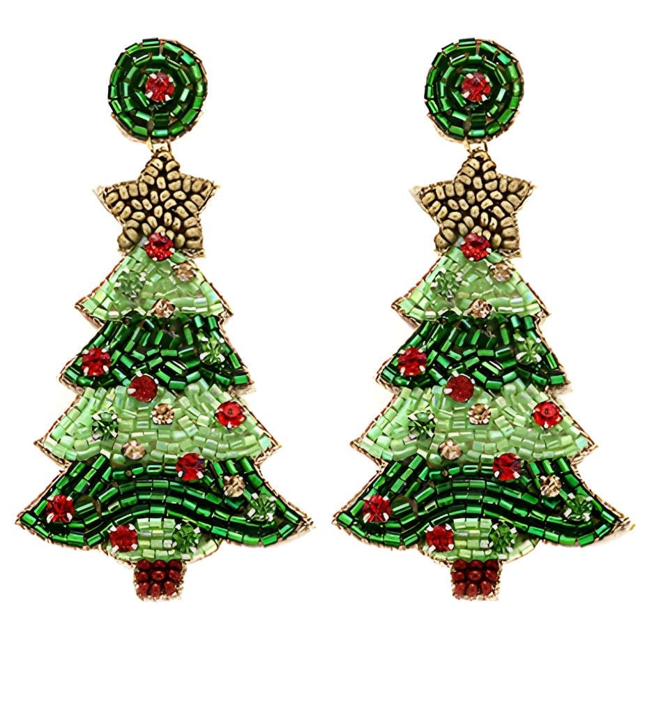 Clipon SeedBead Christmas Tree Earrings Winter Seed Beaded Clip on Post Designs