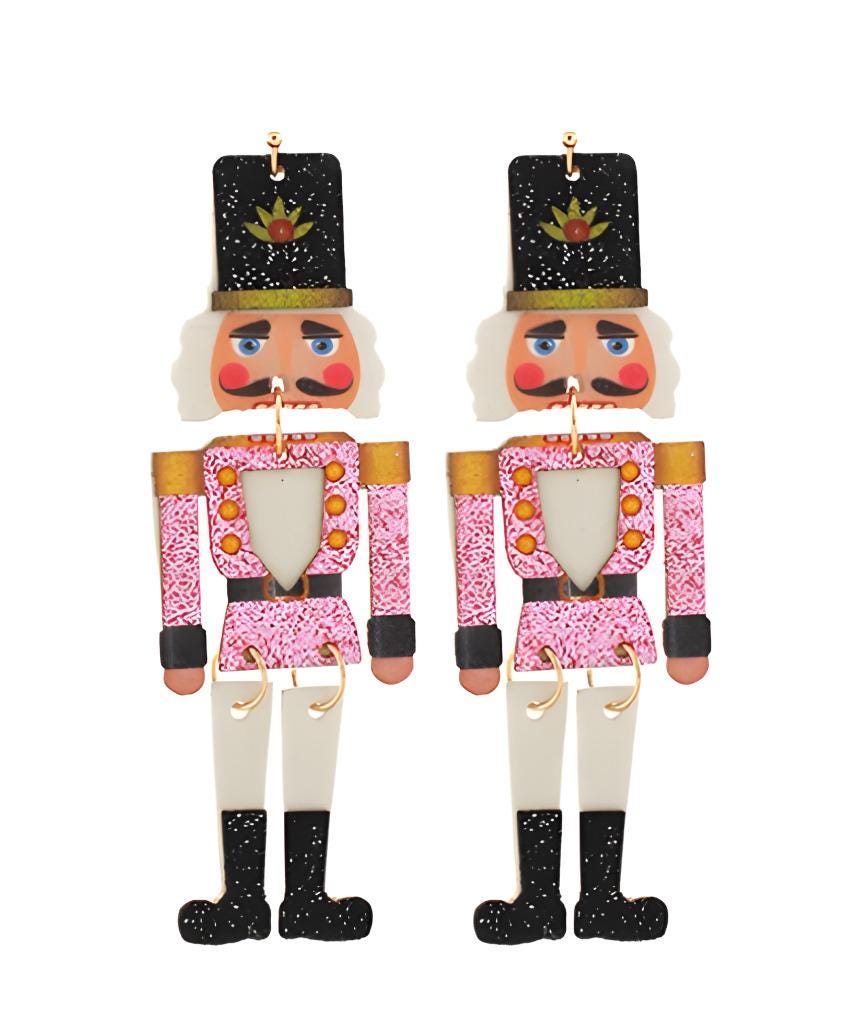 Clipon Glitter Nutcracker Earrings Winter Christmas Acrylic Clip on Hook Designs 3 Colors
