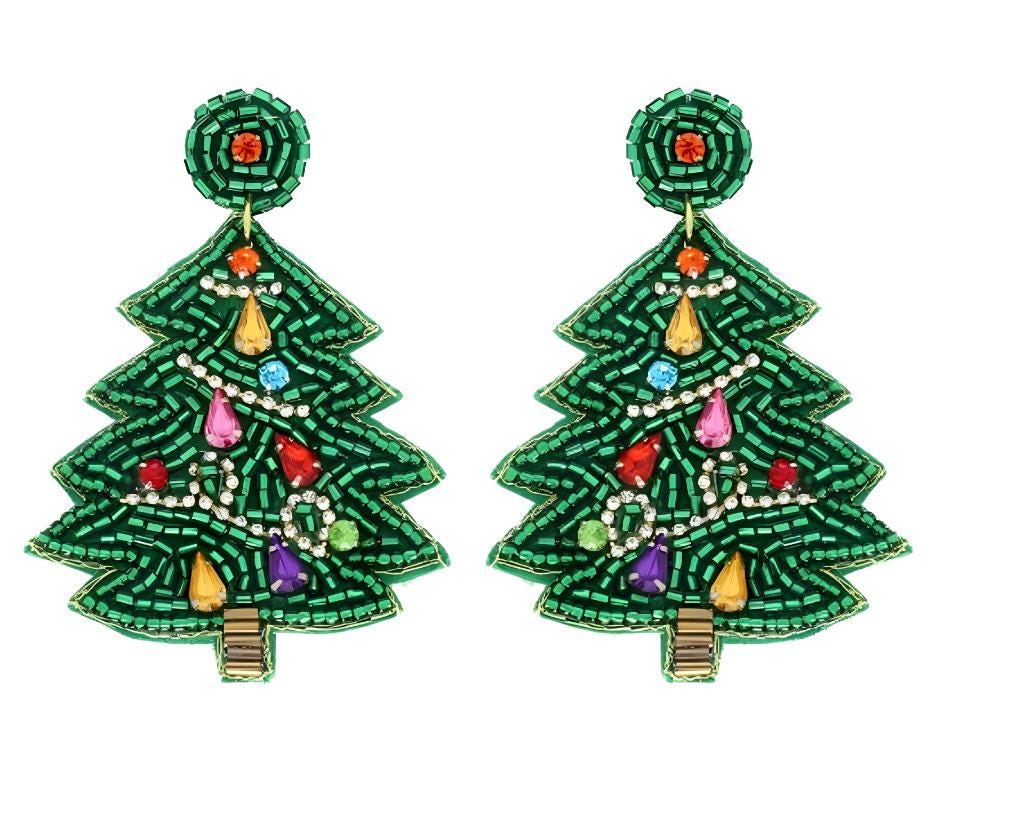 Clipon  SeedBead Christmas Tree Earrings Winter Green Seed Beaded Clip on Post Designs