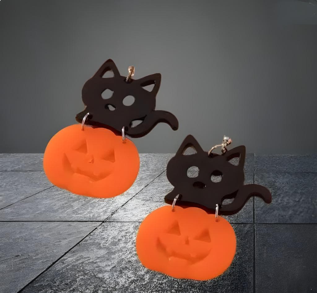 Clip On Kitten Pumpkin Earrings Acrylic Clipon Hook Designs Fall Halloween