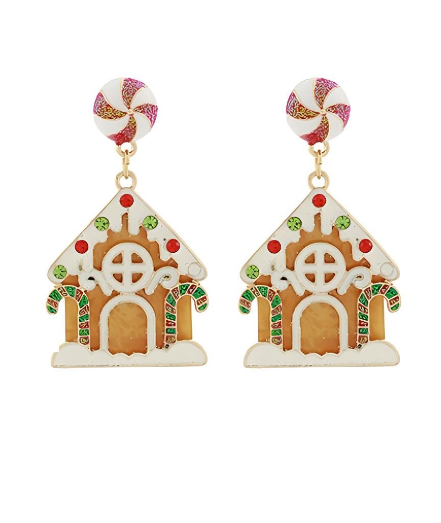 Christmas Earrings Ginger Bread House Clip On Acrylic Clipon Post Designs Gingerbread