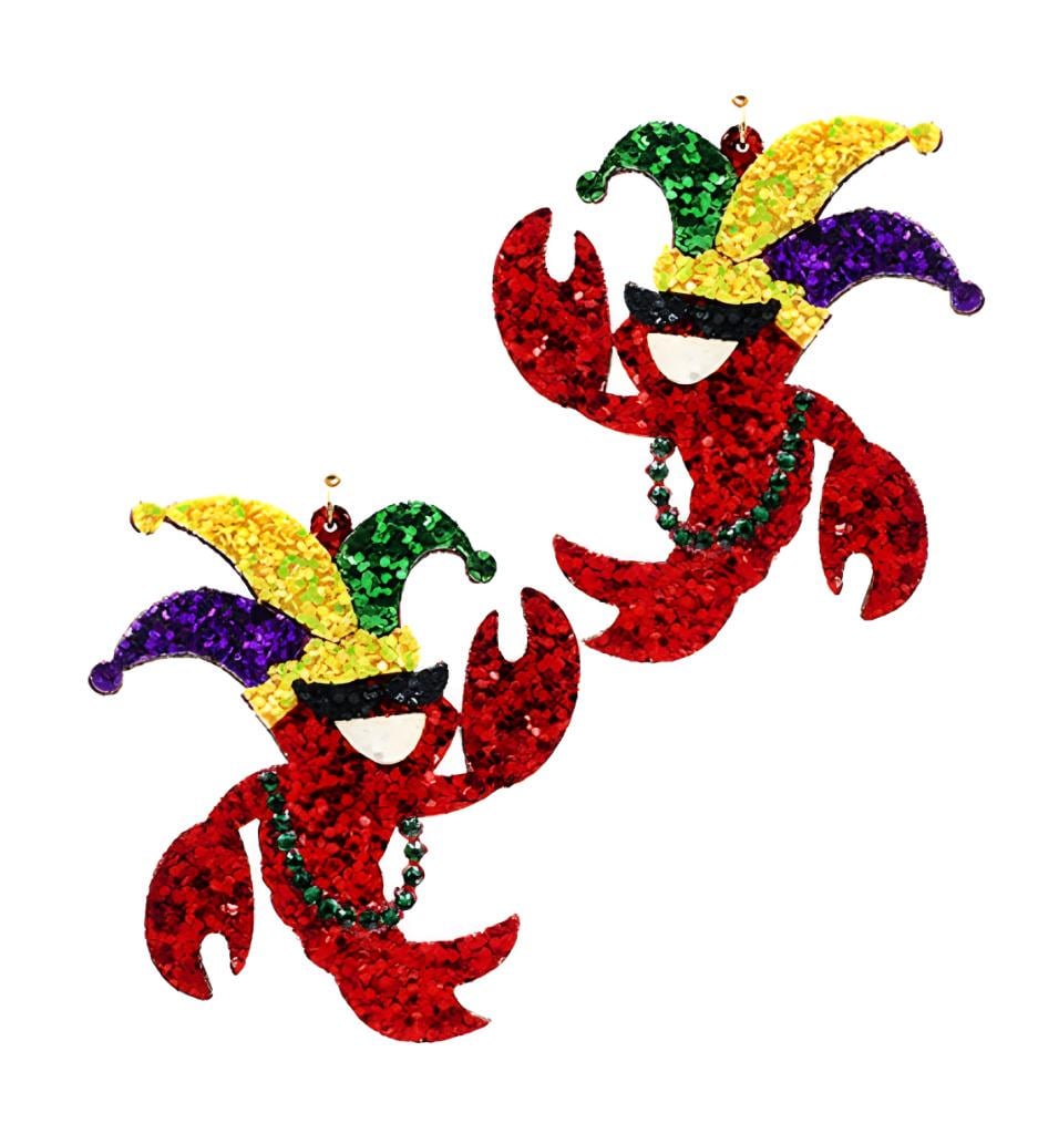 Clip On Glitter Mardi Gras Crawfish Earrings Acrylic Clipon Hook Designs