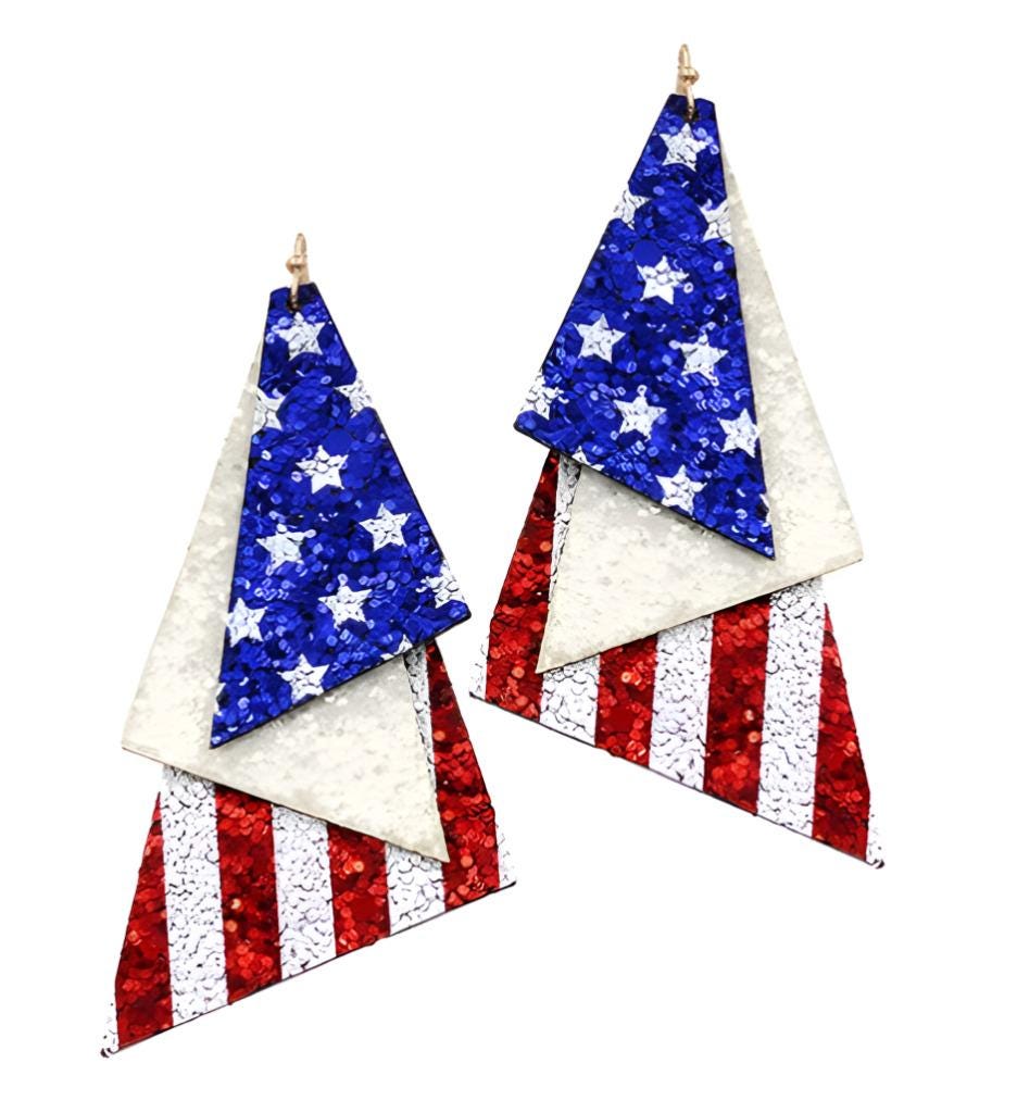 Patriotic USA Glitter Clipon Earrings Faux Leather American Flag Clip Hook Designs