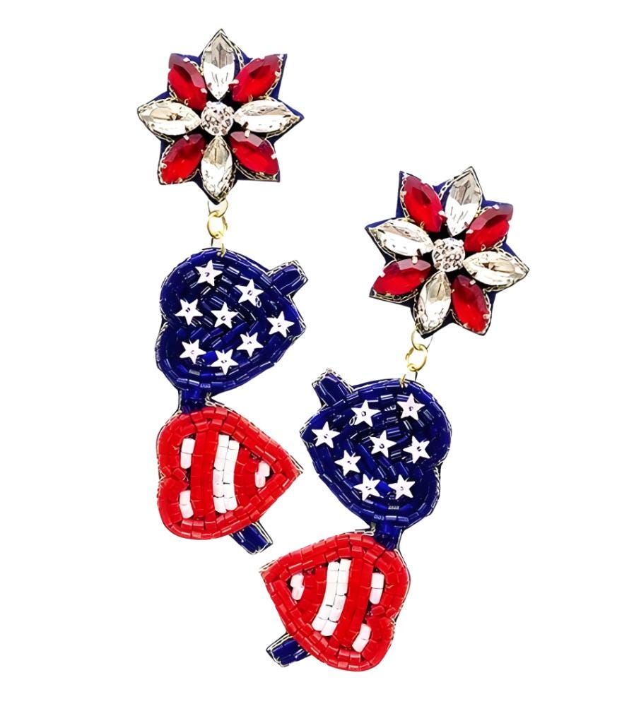 Patriotic Sunglass Seedbead Clipon Earrings American Flag Heart USA Clip Post Seed Beaded Designs
