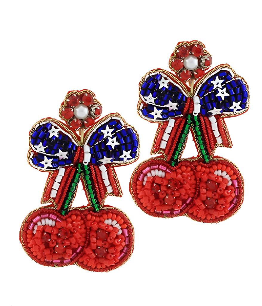 Clipon Cherry Seedbead Earrings Patriotic American Flag Clip Post Seed Beaded Designs