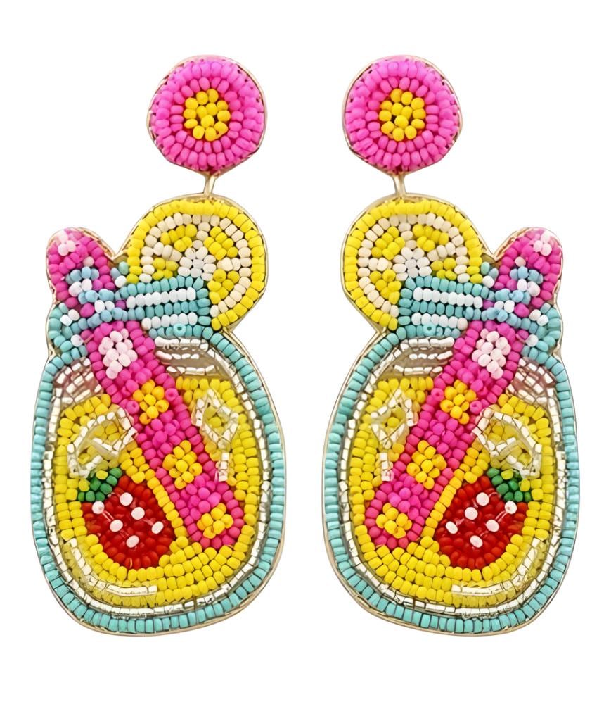 Yellow Cocktail Drink Seedbead Clipon Earrings Tropical Seed Beaded Design Clip Post