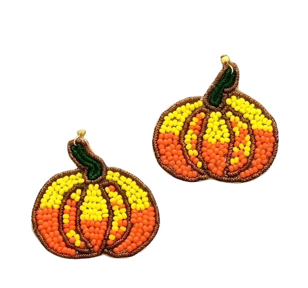 Clip On Pumpkin Seedbead Earrings Seed Beaded Sequin Clipon Design Fall Candy Corn Colors