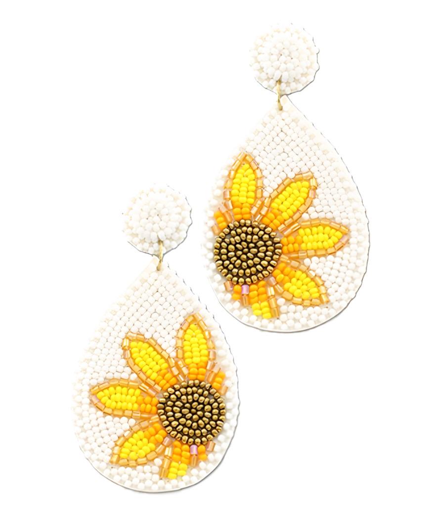 Gold Clip On Sunflower Seed Beaded Earrings Clipon Multi Color Teardrop Design