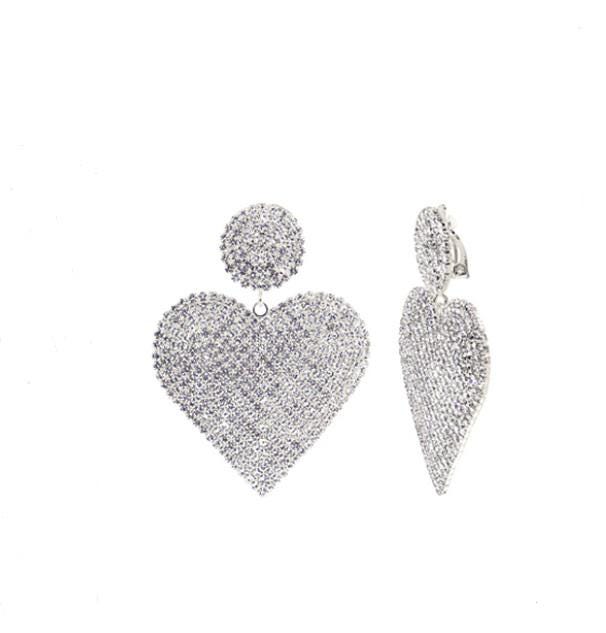 Clip On Pave Crystal Heart Earrings Clipon Valentine Design Silver Gold Colors