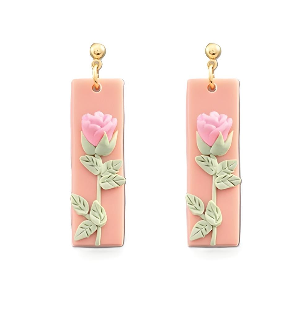 Clipon Clay 3D Pink Rose Earrings Clip On Hook Designs Flower Valentine