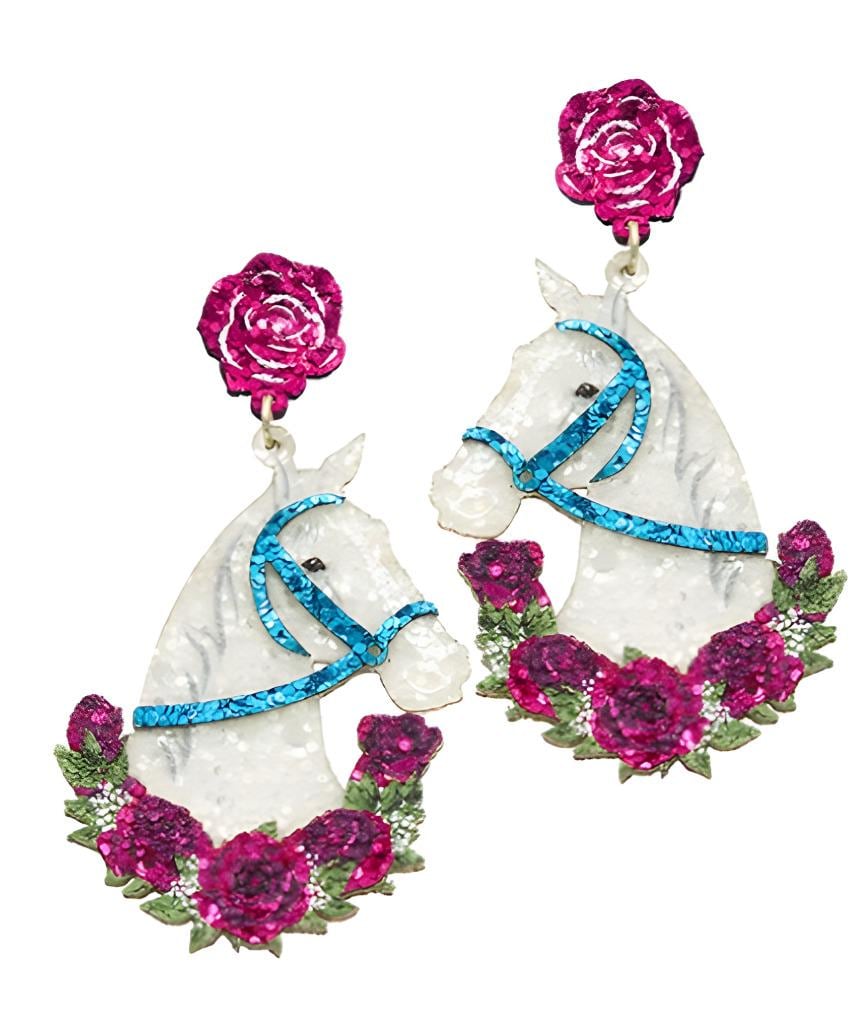 Clip On Kentucky Derby Earrings Glitter Clipon Post Designs Rose Horseshoe