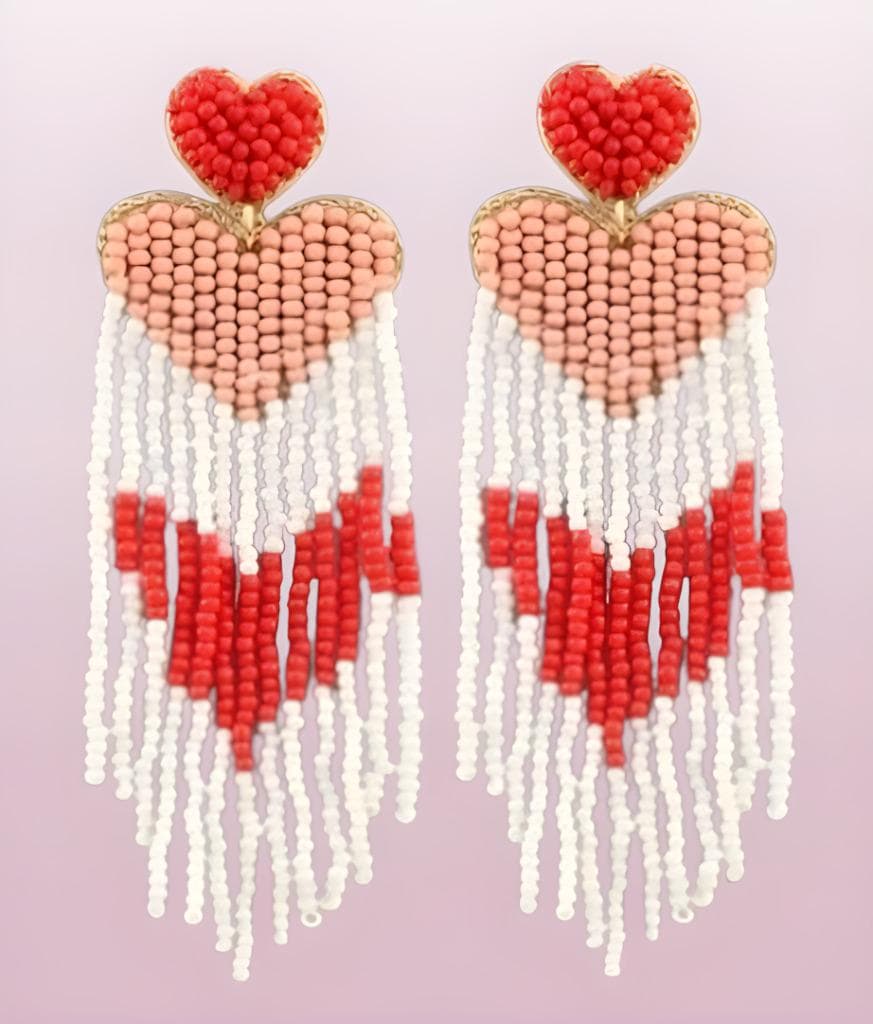 Clip On Heart Seed Beaded Earrings Felt Back Tassel Valentine Clipon Post Designs