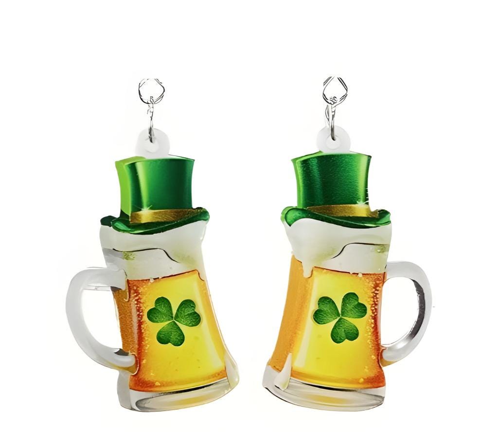 St Patricks Day Clipon Earrings Beer Mug Clip on Hook Designs