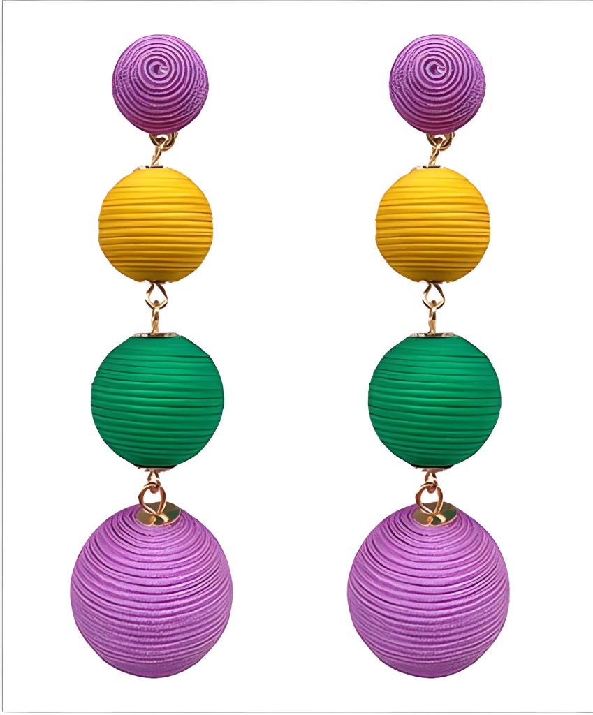 Mardi Gras Clip On Earrings: Triple Thread Ball Drop