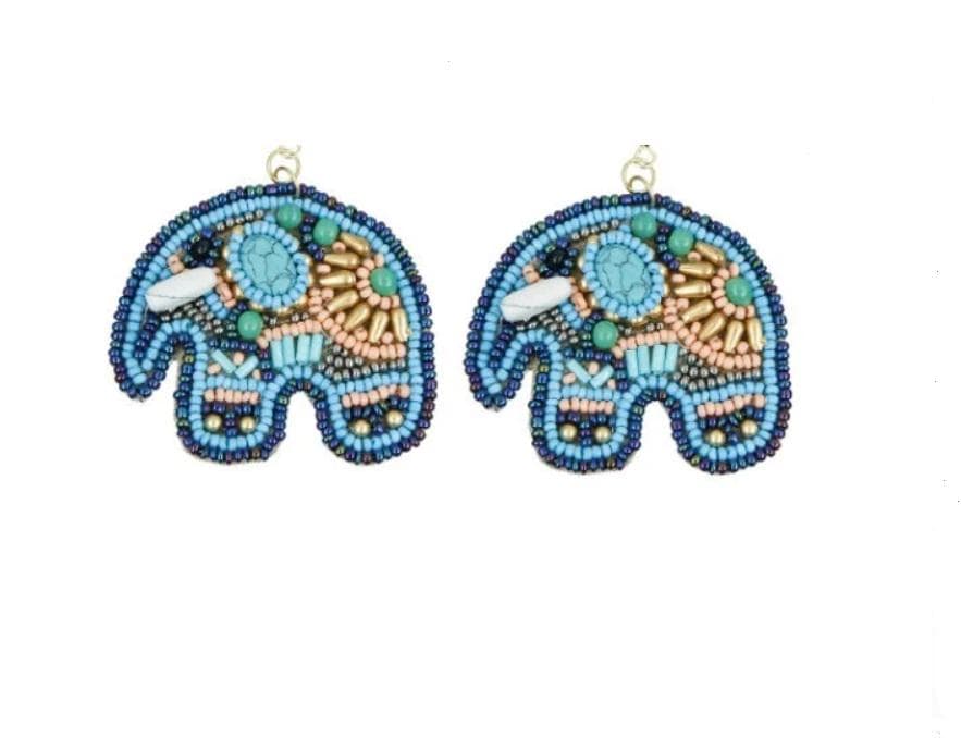 Clip On Elephant Turquoise Stone Seed Beaded Earrings Clipon Design
