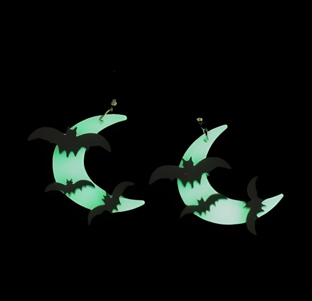 Clip On Moon Bat Earrings Fall Glow in the Dark Acrylic Clipon Hook Designs Halloween