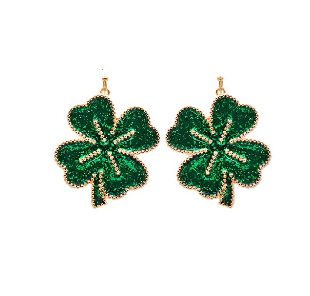 Clipon St Patricks Day Green Shamrock Earrings Clover Glitter Clip on Hook Designs