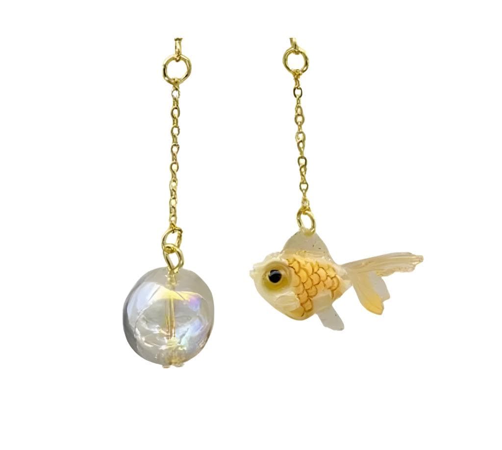 Clip On Goldfish Earrings Asymmetrical Collection Fish Bubble Clipon Hook Designs
