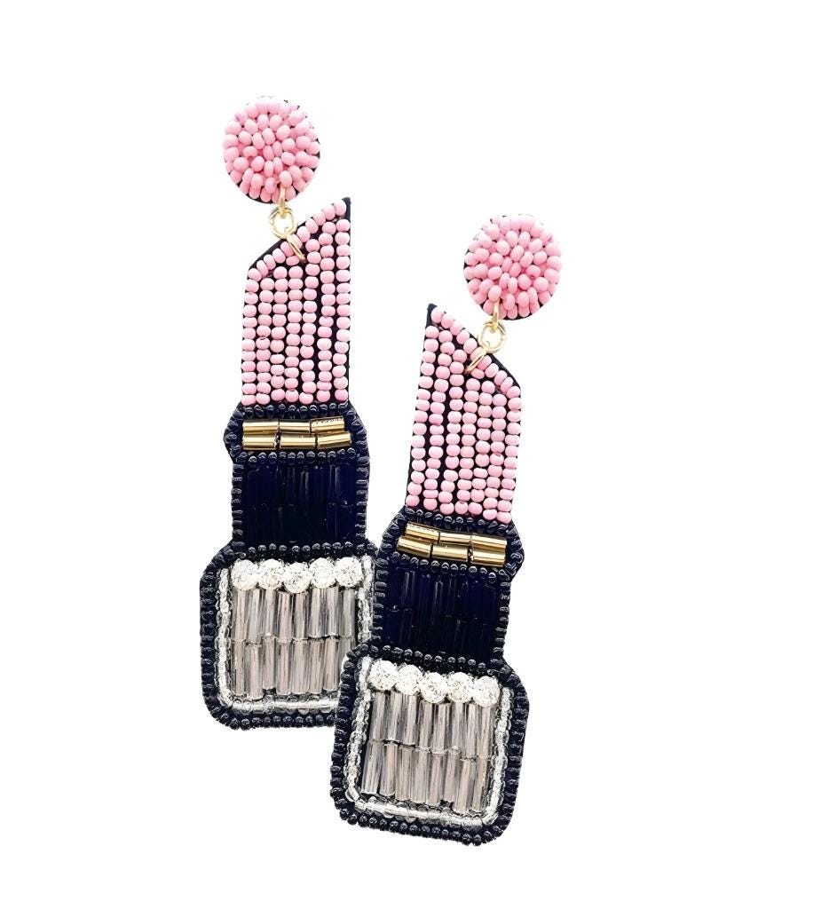 Clip On Lipstick Earrings Seedbead Dangle Seed Beaded Clipon Design 3 Colors Red Pink
