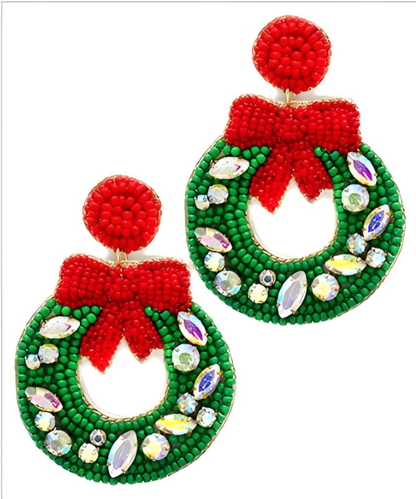 Christmas Wreath Clip On Earrings Seed Beaded Lightweight Clipon Post Designs