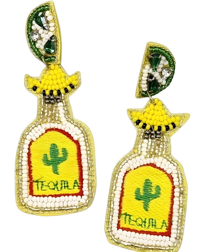 Tequila Lime Bottle Seedbead Clipon Earrings Seed Beaded Style Clip on Post Designs