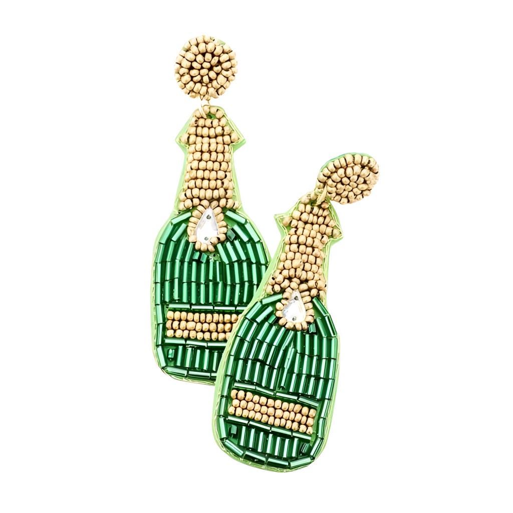Champagne Bottle Seedbead Clipon Earrings New Year Seed Beaded Style 3 Colors