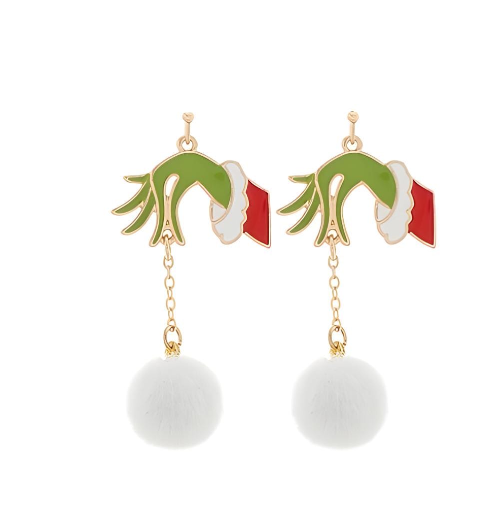 Clipon Grinch Pom Christmas Tree Earrings Winter Bow Clip on Hook Designs