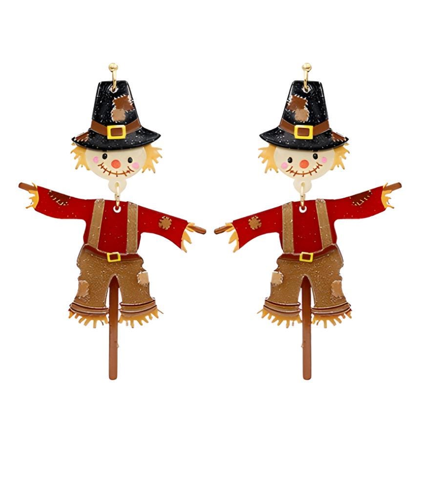 Clipon Scarecrow Earrings Sparkle Acrylic Clip On Post Designs Seed Fall Halloween Thanksgiving